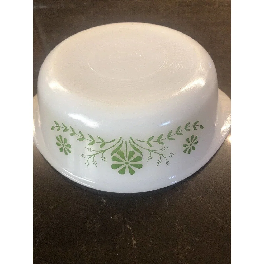 Glasbake‎ 2 QT. Dish, USA, J514 79 White/Green Flowers Daisies Vintage